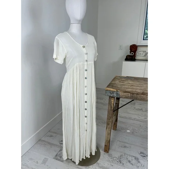 90s Button Front Maxi Tie Back Maxi Dress Grunge Pleated Fabric Size M - Picture 7 of 8